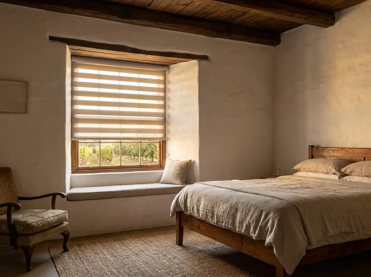 A day-night blind fitted in a Simondium farmhouse bedroom near the R45 wine route