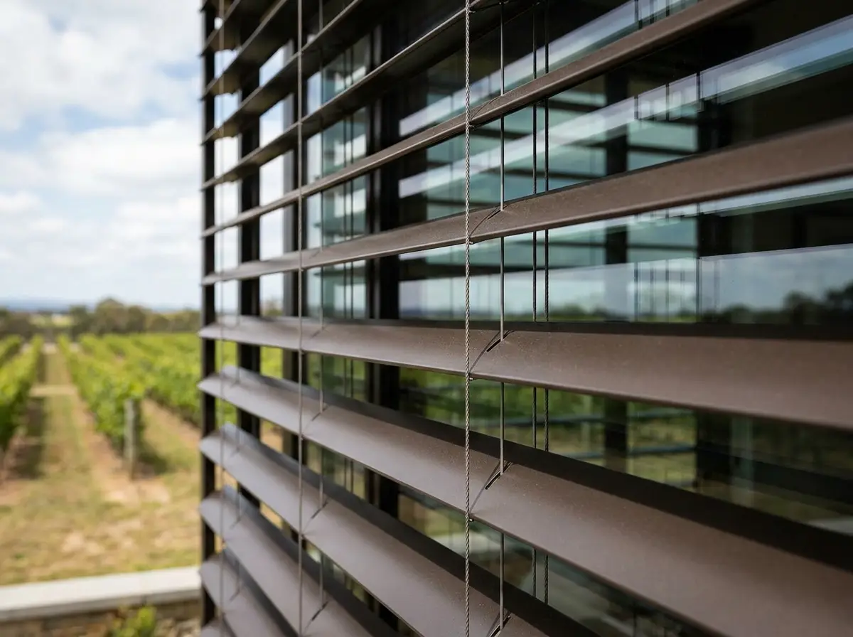 Close-up of aluminium external venetian slats mounted on guide cables outside the glass, powder-coated dark bronze finish
