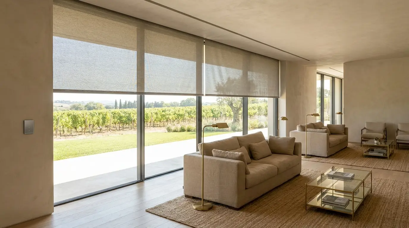 A motorised sunscreen roller blind partially lowered in an estate living room, with the wall-mounted control switch beside the vineyard-view glass