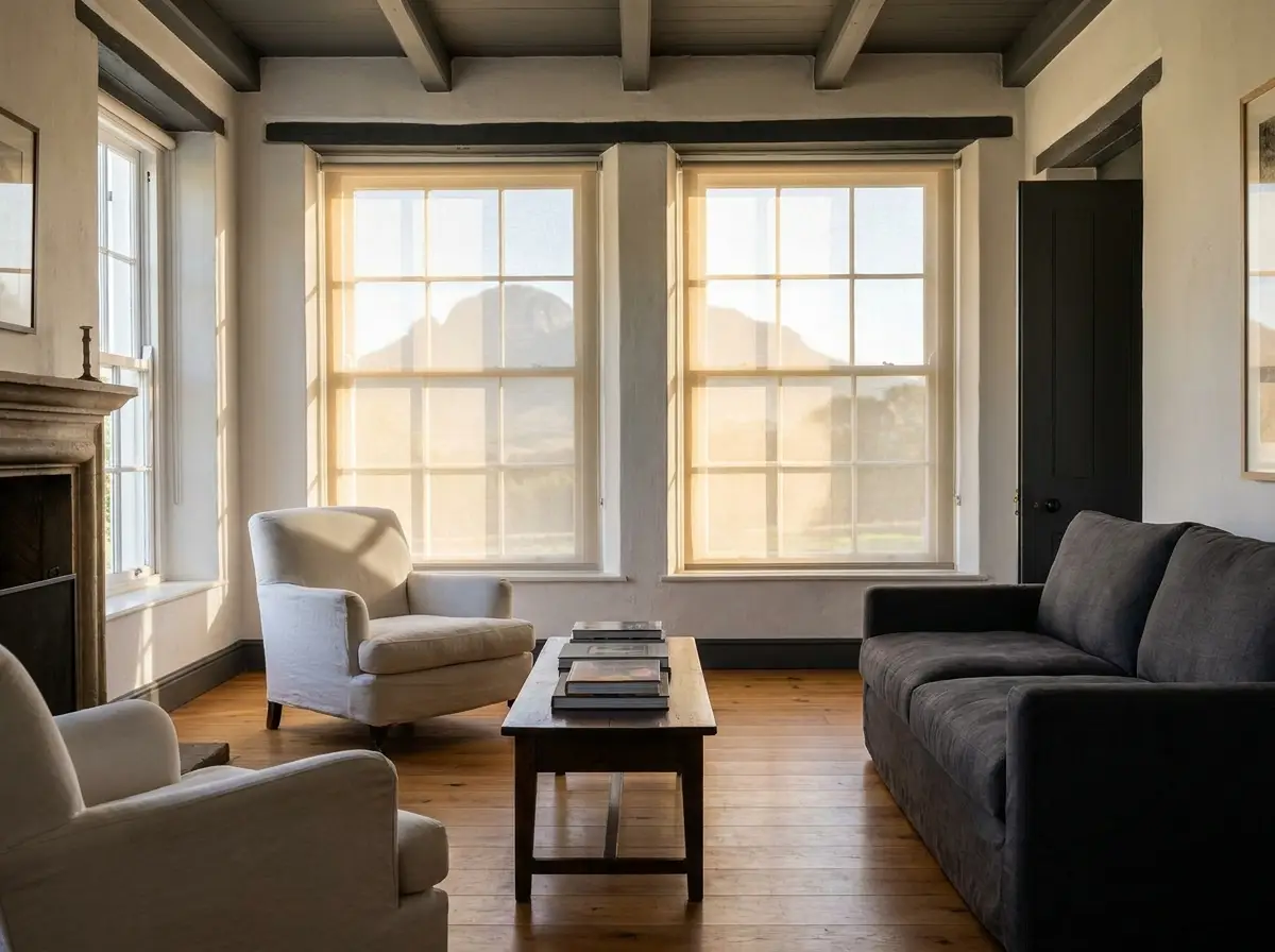 A sunscreen roller blind lowered in a Paarl living room, mountain view kept visible through the mesh